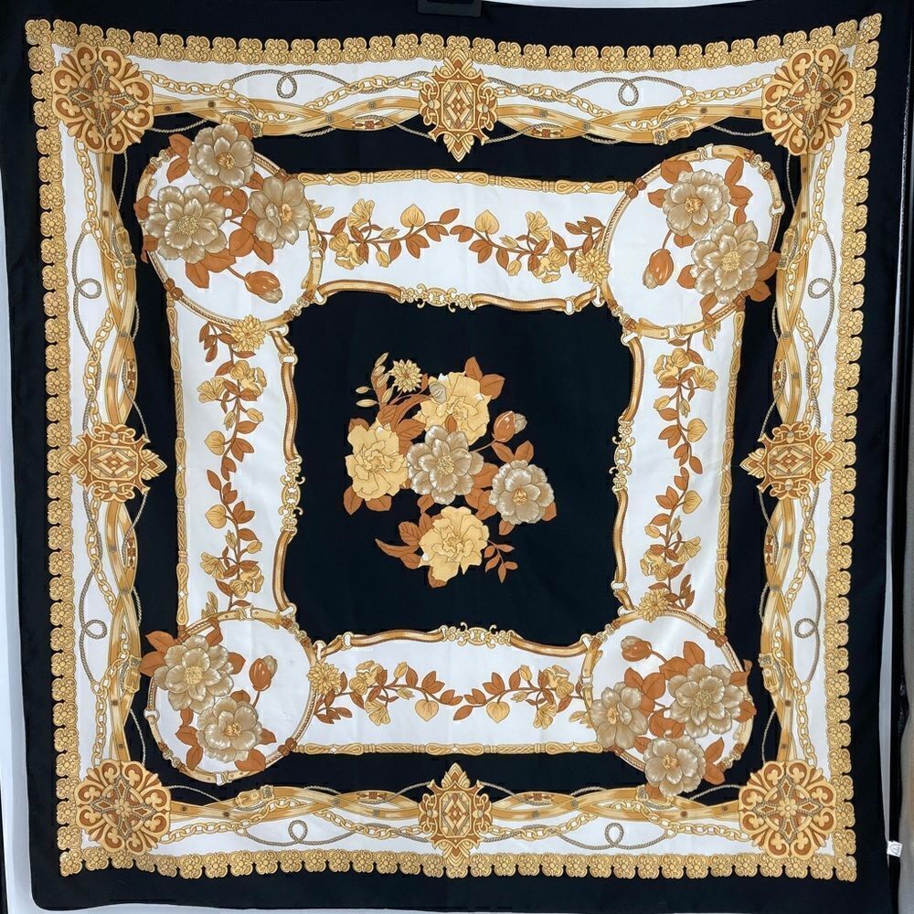 Vintage Italian Chic Baroque Large Black/Gold Scarf 46 Sq Made in Italy